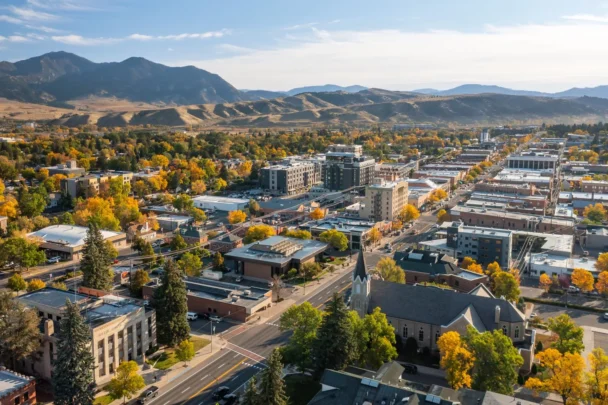 Aerial view of a city nestled in a valley with a backdrop of rolling mountains. The city features a mix of modern and historic buildings, tree-lined streets, and a noticeable church. Autumn colors are visible, with trees showing vibrant yellow and green foliage. - Hausion