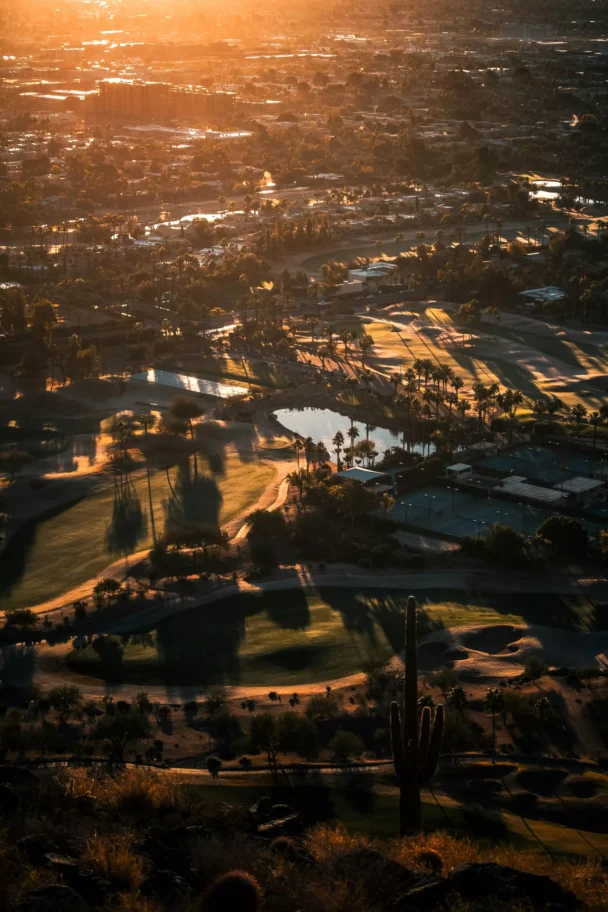 Aerial view of a desert cityscape at sunset, showcasing golf courses, scattered palm trees, and a large cactus in the foreground. Soft golden light casts long shadows across the landscape, with distant buildings blurred in the background. - Hausion