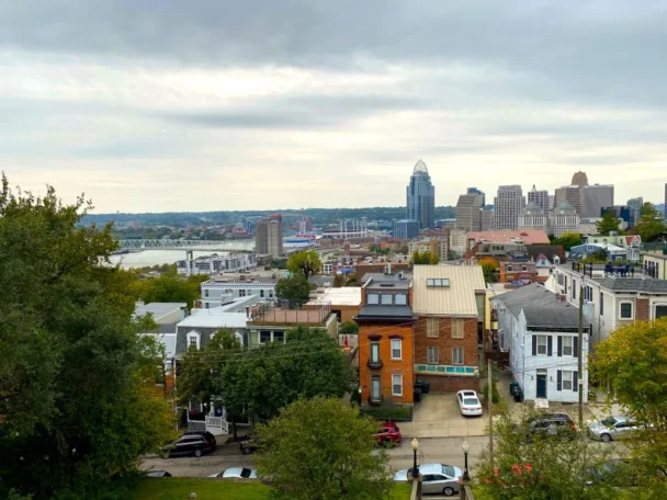 A scenic view of a mid-sized city skyline featuring a cluster of modern buildings. In front, there are older residential homes with green trees dotting the neighborhood. The sky is overcast, and a river can be seen flowing through the city in the background. - Hausion