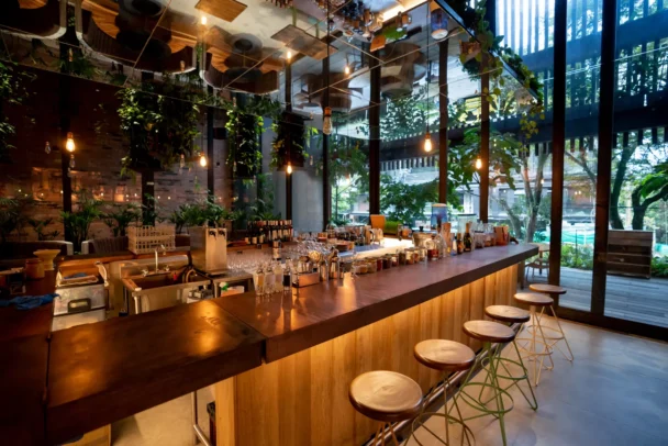 A chic bar with a long wooden counter and high stools, adorned with hanging plants and warm lighting. Bottles and glasses are neatly arranged behind the bar. Large windows offer a view of lush greenery outside, creating a cozy atmosphere. - Hausion