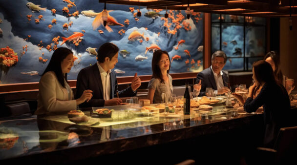 A diverse group of individuals gathered around a table, with a vibrant mural serving as a backdrop. - Hausion