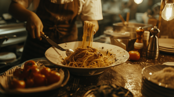 A chef is seen preparing spaghetti in a bowl, capturing the essence of Italian cuisine and culinary craftsmanship. - Hausion