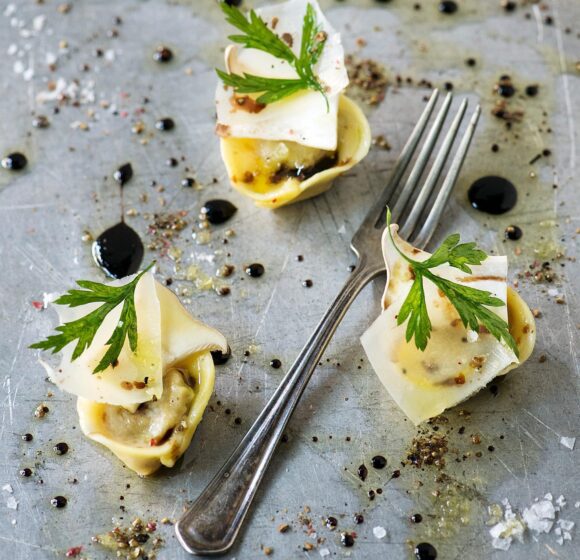 Three pieces of gourmet tortellini garnished with cheese shavings, black sauce, greens, and spices are arranged around a fork on a metal surface. Splashes of black sauce and salt crystals add visual interest to the composition. - Hausion