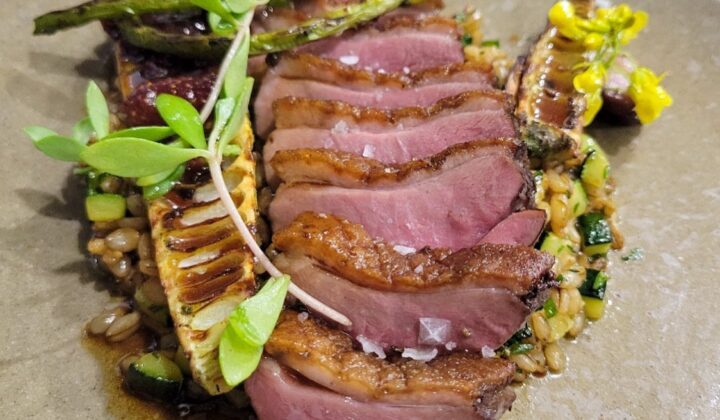 A plated gourmet dish featuring slices of seared duck breast arranged on a bed of grains, garnished with asparagus and fresh greens. The presentation is artistic, with a touch of sauce elegantly drizzled around the ingredients. - Hausion