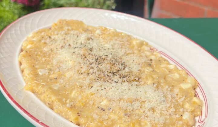 A bowl of creamy risotto topped with grated cheese and freshly ground black pepper, placed on a green table outdoors. Bright pink flowers and green foliage are blurred in the background, providing a pleasant, summery atmosphere. - Hausion